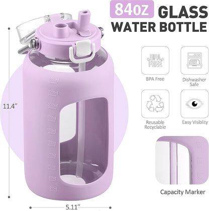84oz Glass Water Bottle with Stainless Steel Handle,2.5L Gallon Water Bottle with 2-IN-1 Straw Lid, Silicone Sleeve and Motivational Capacity Marker, Wide Mouth Water Jug For Gym, Purple