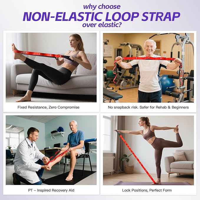 Non Elastic Stretching Strap with Loops - Yoga Straps for Physical Therapy, Durable Stretch Bands for Exercise, Flexibility Training, Hamstring & Leg Stretcher, Yoga/Pilates/Gymnastics
