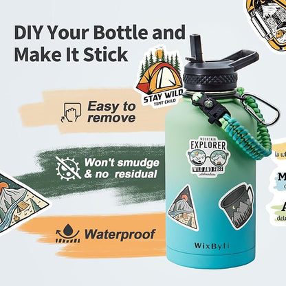 64 oz Insulated Water Bottle with Straw (Cold for 48 Hrs), Half Gallon Stainless Steel Triple Wall Vacuum Sports Water Jug, Leakproof Hydro Cup Flask with Straw Spout Lids & DIY Stickers