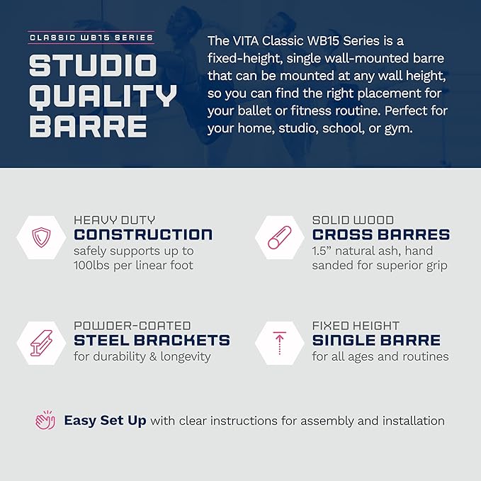 VITA Barre Wall-Mounted Single Ballet Barre, Classic WB15, Wood | Fixed Height, Made in USA, Home, Studio or Gym Exercise Equipment for Kids & Adults | Dance, Fitness, Pilates