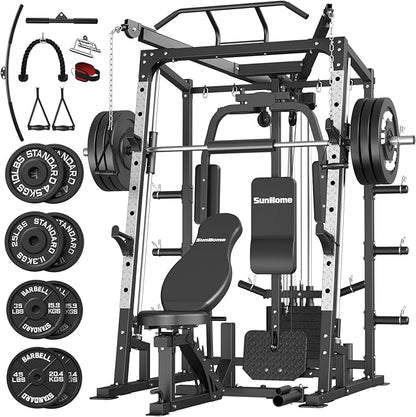 SunHome Smith Machine, Power Cage Squat Rack with Smith Bar, LAT Pull-Down Systems, Cable Crossover Machine and Cable Attachment for Home Gym