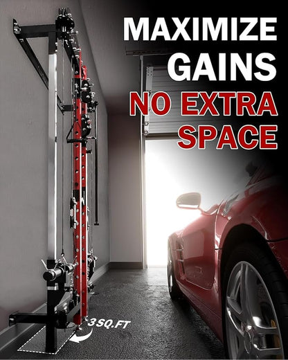 Mikolo Folding Squat Rack, Wall Mounted Power Rack with Cable Crossover Machine & LAT Pull Down, Functional Trainer with 5 Adjustable Function Modes, for Home Gym and Space Saving