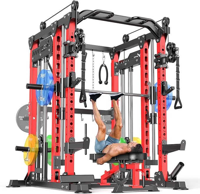 Multi-Purpose Squat Rack,Smith Machine Weight Rack Set with Cable Crossover System, Home Gym Power Racks, Power Racks and Packages