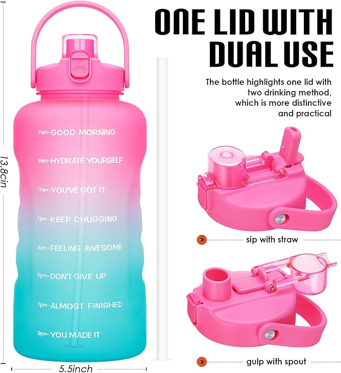 HydroPal 1 Gallon Water Bottles with Straw, 128 oz Water Bottle BPA Free Innovative 2-IN-1 Lid Gym Bottle with Times to Drink Motivational, Large for Sports Fitness Camping Water Jug （13.8X5.5 inch）