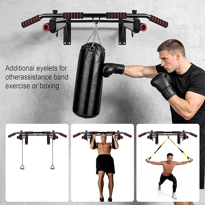 Wall Mounted Pull Up Bar, 250 lbs Heavy Duty Upper Body Fitness Workout Bar for Home Gym Exercise, Multi-Grip Strength Wall Mounted Door Frame Chin-Up Bar for Almost All Door, Pull Up Assistance Bands