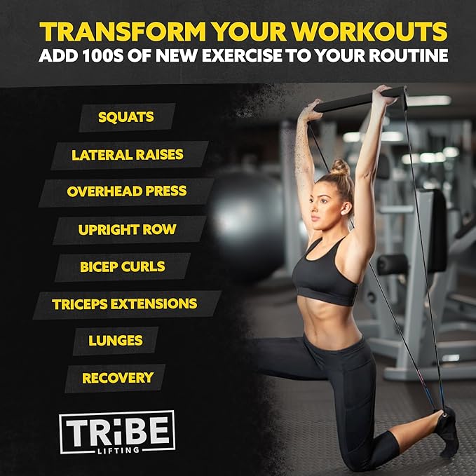 Tribe Lifting Resistance Band Bar - Portable Steel Workout Bar for Resistance Bands - Adjustable 38 to 26 Inch - Straight Bar Attachment for Cable Machine and Home Gym Exercises