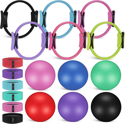 18 Pcs Pilates Ring and Ball Set with Resistance Bands Home Workout Pilates Equipment 11.8 Inch Magic Circle with Padded Handles, Mini Ball for Strength, Toning and Flexibility