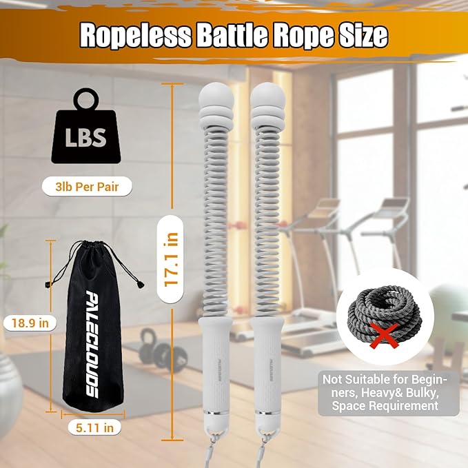 Portable Ropeless Battle Ropes, Adjustable Weights Cordless Battle Ropes for Home Gym with Storage Bag, Weighted Exercise Equipment for Low-Impact Workout, Strength & HIIT, for Men & Women (Gray)