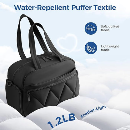 Gym Bag for Women, Puffer Travel Duffle Bag With Shoes Compartment & Wet Pocket, Carry On Tote Bag For Weekender, Overnight, Sport duffel bags for traveling (Black, Large)