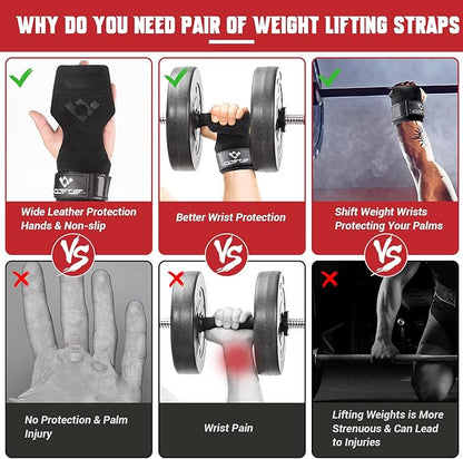COFOF Weight Lifting Wrist Strap, Double Layer Leather Wrist Strap for Deadlift and Powerlifting, Adjustable Neoprene Padded Gym Workout Lifting Hooks (Pair)