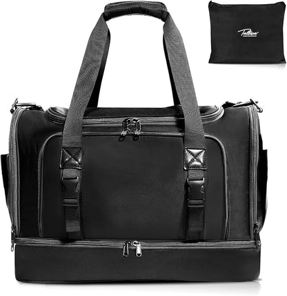 Black Small Gym Bag for Women and Men with Shoe Compartment, Sports Gym Tote Bag with Yoga Mat Holder, Waterproof Travel Duffel Weekender Workout Bag, Carry on Bag for Airplanes with 8 Pockets
