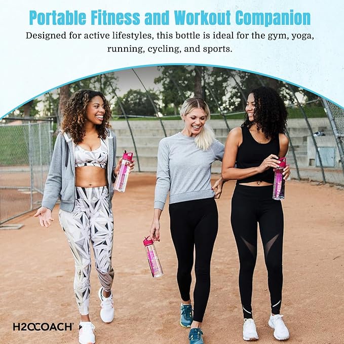 H2OCOACH Motivational Hydration Water Bottle, Fitness Sports Tritan Bottle with Straw, Gym Workout Reminder for Better Hydration Water Intake with Time Marker and Measurements, BPA-Free (30 Oz)