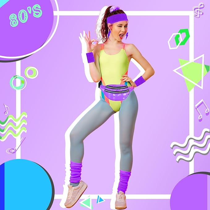 80s Neon Workout Costume Accessories Set 10 PCS Leg Warmers for Women 80s Headband Wristband Fanny Pack for Yoga Running