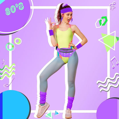 80s Neon Workout Costume Accessories Set 10 PCS Leg Warmers for Women 80s Headband Wristband Fanny Pack for Yoga Running