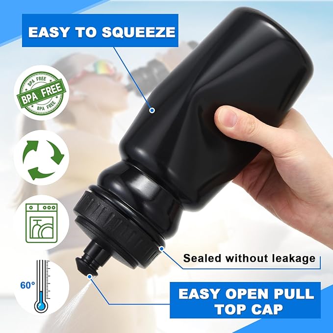 Suclain 7 Pcs Water Bottle Carrier with 20 Oz Bottles and Stickers Plastic Wide Mouth Sports Water Bottle Squeeze Team Bottles with Black Lid for Fitness Bike Gym (Black)