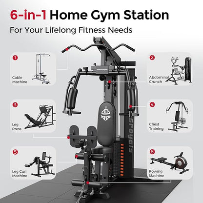 Sportsroyals Home Gym, Multifuntional Workout Station with 150LBS Weight Stack, Full Body Workout Equipment for Home Exercise Fitness