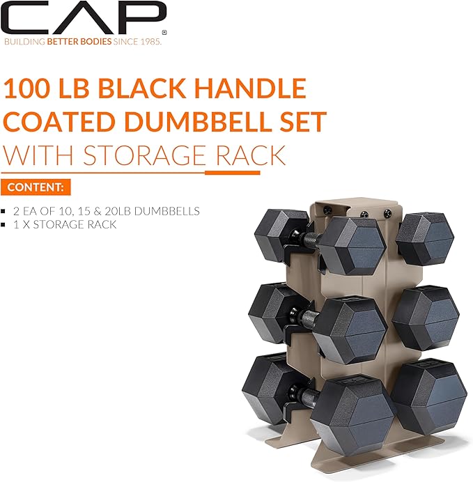 CAP Barbell Rubber Coated Hex Dumbbell Set with Vertical Rack | 100-300 lbs Free Weights Dumbbells Set for Home Gym | Multiple Options