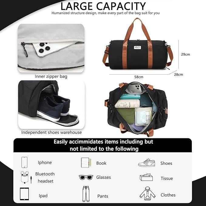 BE SMART Waterproof Mens Gym Bag with Shoe Compartment, Sports Gym Duffle Bag with Adjustable Strap for Men Women, Lightweight Large Sport Duffel Bag for Travel, Sports, Workout(Black/Brown)