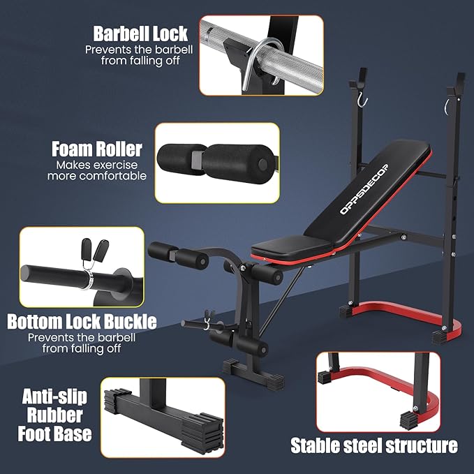 OPPSDECOR 661LBS Weight Bench Set, 8 in 1 Adjustable Bench Press with Squat Rack Leg Extension & Leg Curl Workout Bench with Safety Bar Catches Standard Weight Training Benches for Home Gym