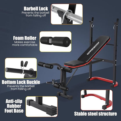 OPPSDECOR 661LBS Weight Bench Set, 8 in 1 Adjustable Bench Press with Squat Rack Leg Extension & Leg Curl Workout Bench with Safety Bar Catches Standard Weight Training Benches for Home Gym