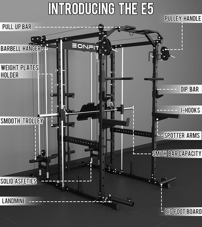 Eonfit E5 Smith Machine with Vertical Leg Press, Power Cage Squat Rack with LAT-Pull Down Cable Crossover Rotating Arms System Home Gym Equipment All in One