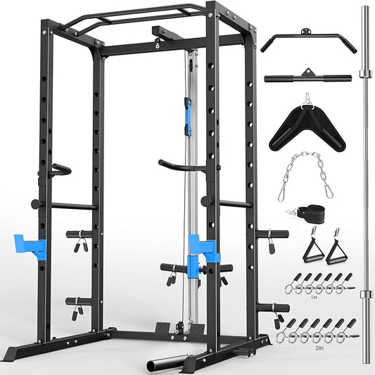 Power Cage, Multi-Functional Power Rack with J-Hooks, Dip Handles, Landmine Attachment and Optional Cable Pulley System for Home Gym