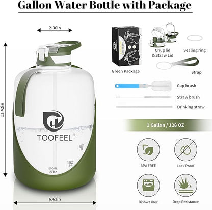 TOOFEEL 1 Gallon Water Bottle - 128 oz with Straw & Chug Lid - BPA Free, Gym & Travel Bottle - Military Green and White
