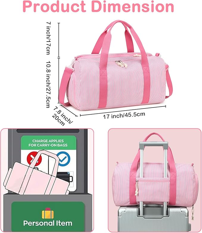 Gym Bag Sports Duffle Bag with Wet Pocket Weekender Overnight Bags with Shoe Compartment for Girls Kids Women Dance Workout Travel Bags (Pink Stripe)