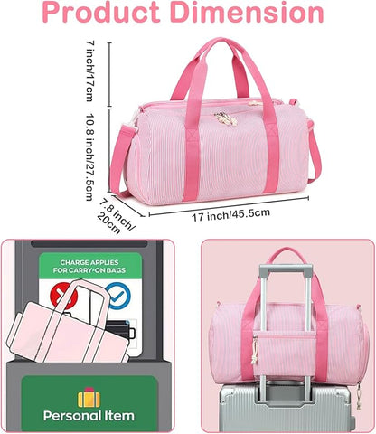 Gym Bag Sports Duffle Bag with Wet Pocket Weekender Overnight Bags with Shoe Compartment for Girls Kids Women Dance Workout Travel Bags (Pink Stripe)