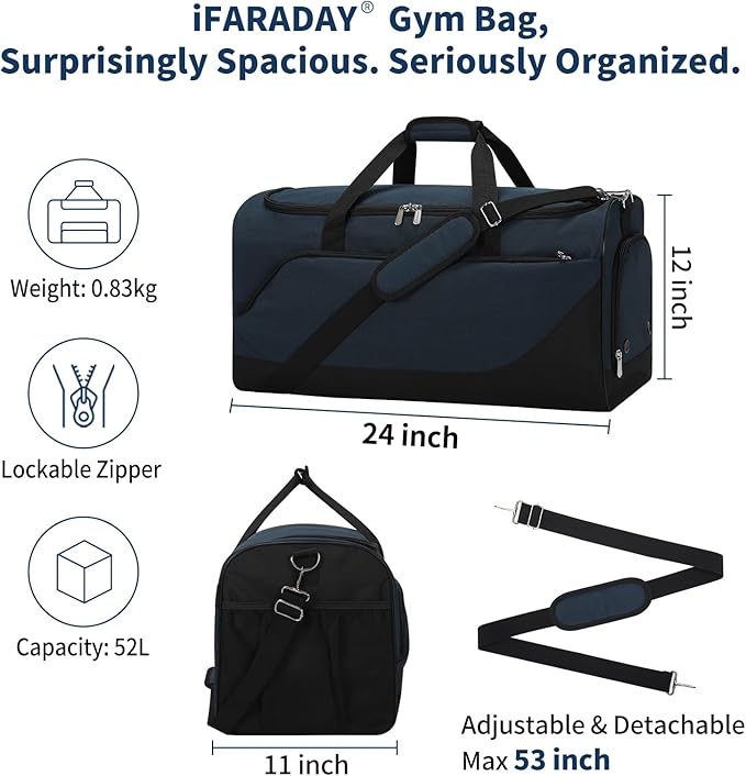 52L Men's Gym Bag with Shoe Compartment - 24-inch Duffle Bag for Travel, Sports, Fitness & Workout (Navy Blue)