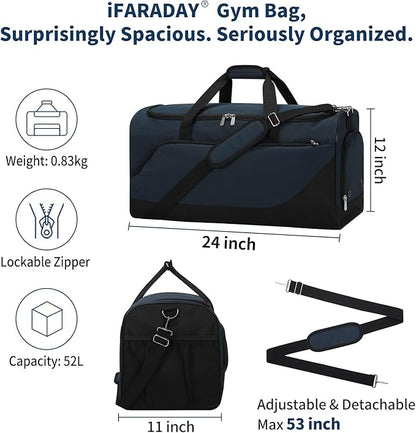 52L Men's Gym Bag with Shoe Compartment - 24-inch Duffle Bag for Travel, Sports, Fitness & Workout (Navy Blue)