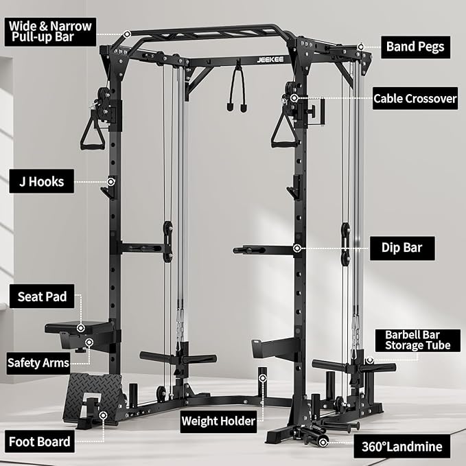 JEEKEE Power Cage with Cable Crossover System, 2000LB Multi-Function Power Rack with Independent Dual Pulleys, LAT Pulldown Seat Cushion, 20+ Attachments Squat Rack for Home Gym Workout