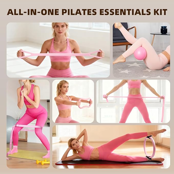 16PCS Pilates Kit for Home Workouts, Essential Equipment Set with 12'' Ring & 9” Ball, 5 Resistance Bands - Pilates Starter Kit for Women, Full Body Toning & Strength