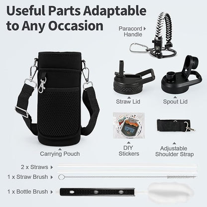 32 oz Insulated Water Bottle with Straw, Stainless Steel Triple Wall Vacuum Sports Water Jug, Leakproof Hydro Cup Flask with Paracord Handle & Straw Spout Lids & DIY Stickers