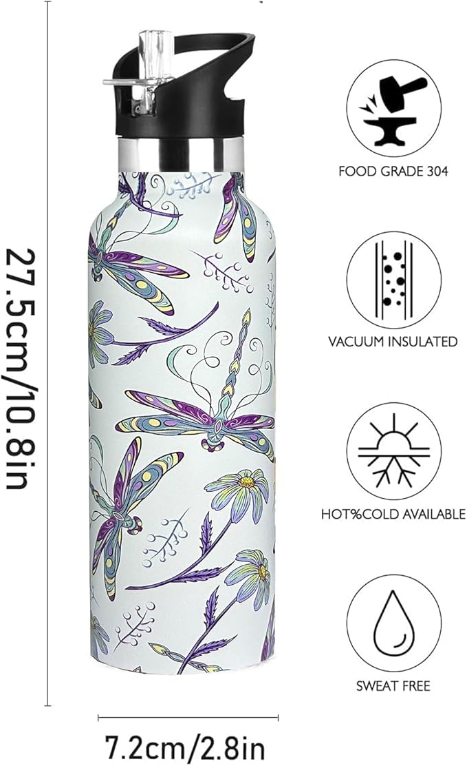 Dragonfly Sport Water Bottle with Straw, Vacuum Insulated Stainless Steel Thermal Drinking Travel Mug Cups For Gym Fitness Camping-20oz/600ml