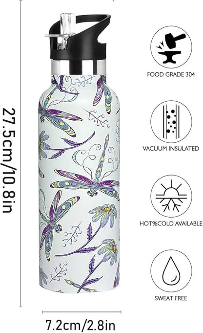 Dragonfly Sport Water Bottle with Straw, Vacuum Insulated Stainless Steel Thermal Drinking Travel Mug Cups For Gym Fitness Camping-20oz/600ml