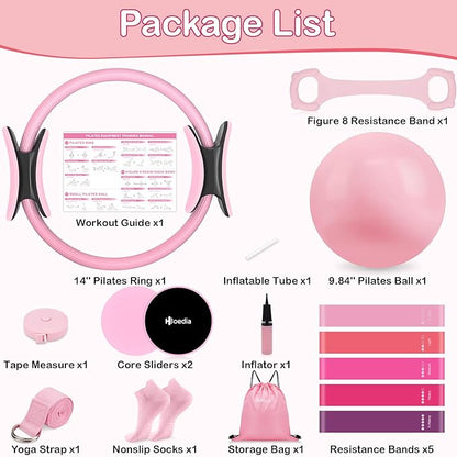 Hoedia 17 PCS Pilates Kit for Women, Pilates Equipment Ring and Ball Set with Resistance Bands, Yoga Strap, Core Sliders, Socks, Bag & Guide for Starter Home Workout Fitness Gym Essentials