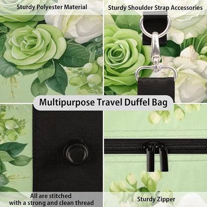 Travel Duffel Bag Flower Floral Green Sport Tote Gym Bag Waterproof Foldable Carryon Weekend Overnight Training Handbag Sports Duffle Bags for Women Men Boys Girls