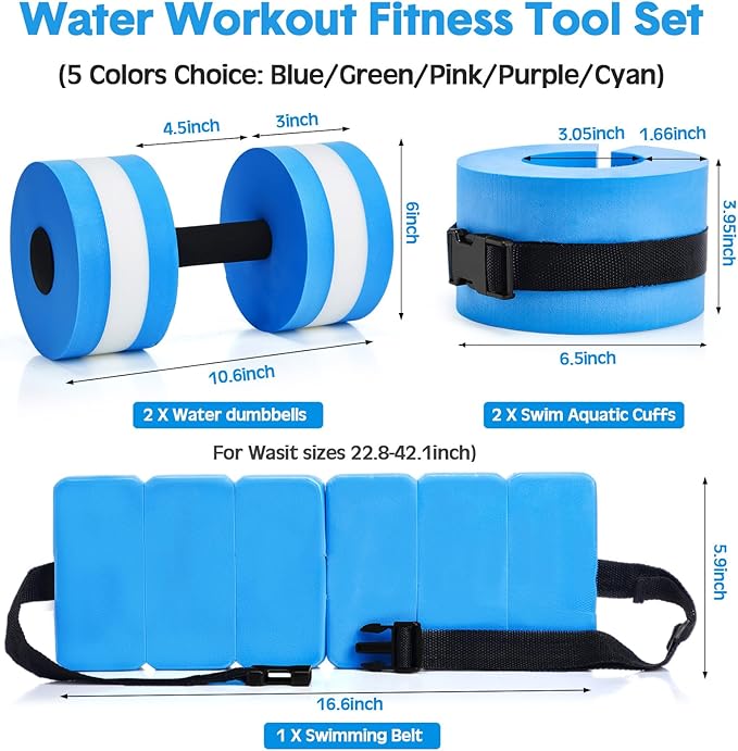5 Pcs Pool Aquatic Exercise Set Including 2 Lightweight Water Dumbbells, 2 Ankle Swimming Weights, and Swim Belt Water Exercise Equipment for Aquatic Aerobics