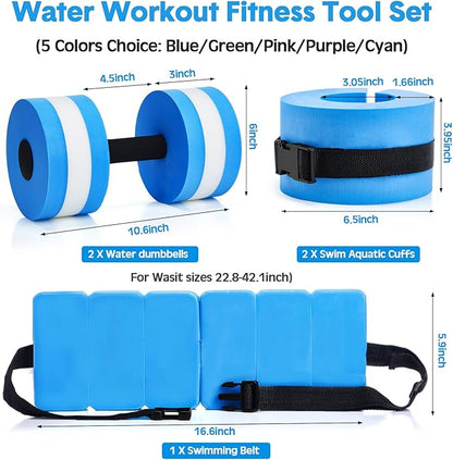 5 Pcs Pool Aquatic Exercise Set Including 2 Lightweight Water Dumbbells, 2 Ankle Swimming Weights, and Swim Belt Water Exercise Equipment for Aquatic Aerobics