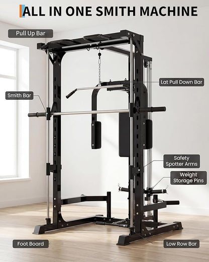 Smith Machine with Bench, Heavy Duty Power Cage Squat Rack with Smith Bar, LAT Pulldown System, Chest Station & More Training Attachment, Home Gym Equipment for Strengthen Training
