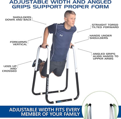 Ultimate Body Press Dip Bar Fitness Station - Adjustable Width Folding Dip Stand with Angled Grips, Stable Leveling and Easy Storage