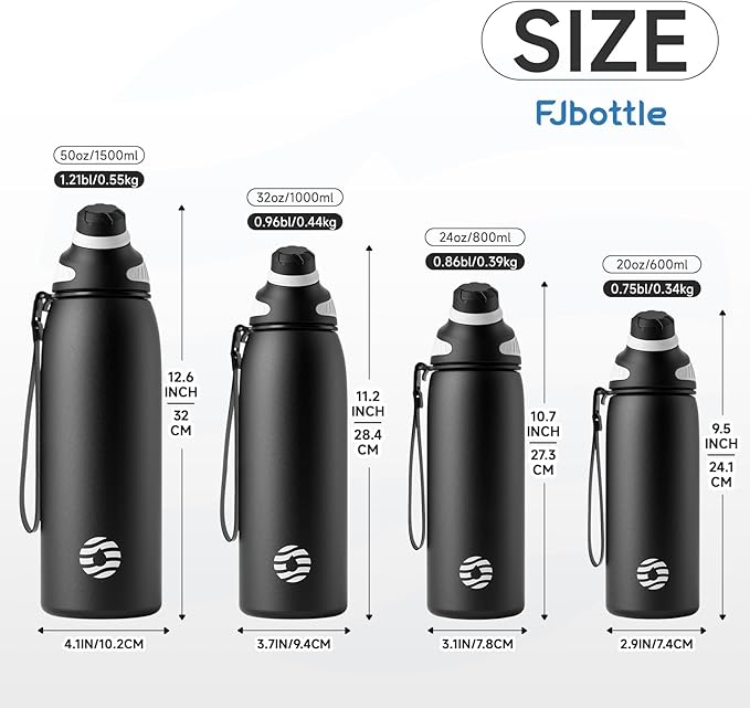 Fjbottle Insulated Stainless Steel Water Bottle, 32 Oz Leakproof Water Bottles, Ice Reusable Tumbler, Double Wall Vacuum Jug, Lightweight Durable for Traveling & Sports, Workout, 32oz