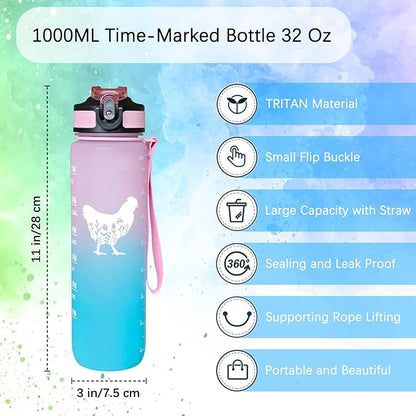 Floral Chicken Water Bottle 32 Oz – Leakproof BPA Free Sport Water Bottle with Straw & Carry Strap, Motivational Time Marker for Chicken Lover, Gym, Fitness, Outdoor, Travel, Office, Biking