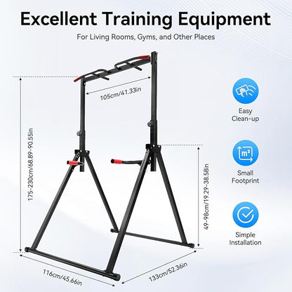 Power Tower Pull Up Dip Station, Foldable Pull Up Bar Rack Dip Station 5.74-7.55ft Height Adjustable Home Strength Training Fitness Workout Equipment, Up to 440lbs (With double bars)