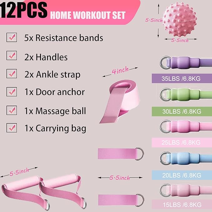 Resistance Bands Set with Handles - 5 Level Tubes (15-35 LBS), 12-Piece Home Gym Kit with Door Anchor, Ankle Straps & Massage Ball for Full Body Workout”