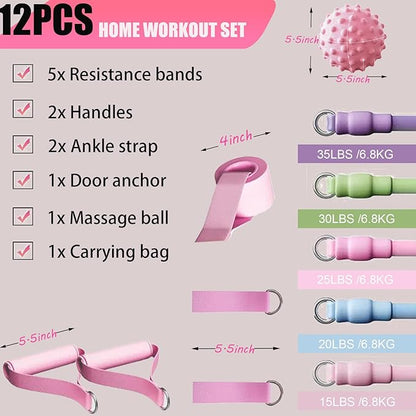 Resistance Bands Set with Handles - 5 Level Tubes (15-35 LBS), 12-Piece Home Gym Kit with Door Anchor, Ankle Straps & Massage Ball for Full Body Workout”