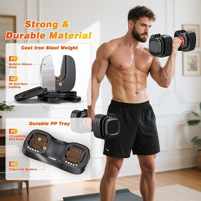 XDDIAS Adjustable Dumbbell Set of 2, 25/55/80/90LB Dumbbell Set- 1-Hand Fast Adjustment with Anti-Slip Handle, Compact Free Weights Dumbbells Set for Men/Women Home Gym Strength Training Equipment