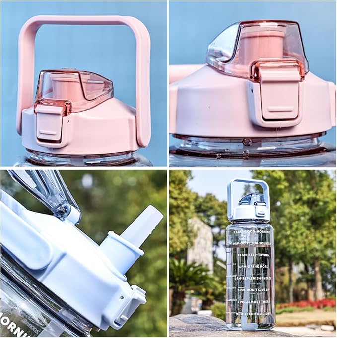 Large Capacity 2L Sports Water Bottle with Straw, Portable and Leakproof, Featuring Time Marker-Bk