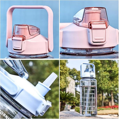 Large Capacity 2L Sports Water Bottle with Straw, Portable and Leakproof, Featuring Time Marker-Be